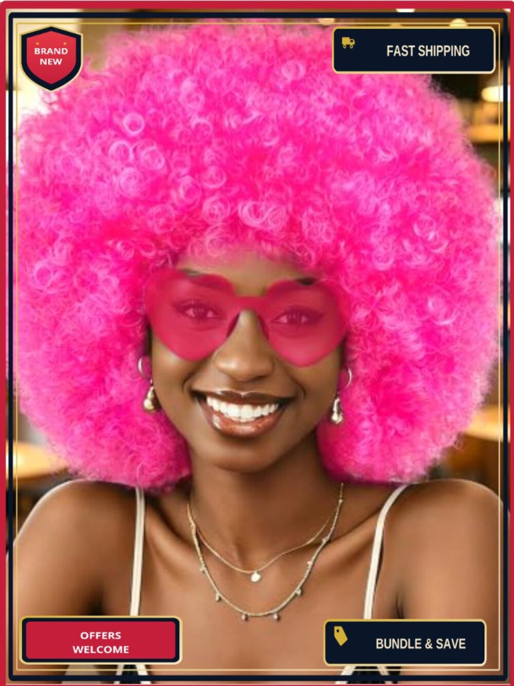 Afro Wig Set with Heart Sunglasses and Wig Cap Synthetic Curly